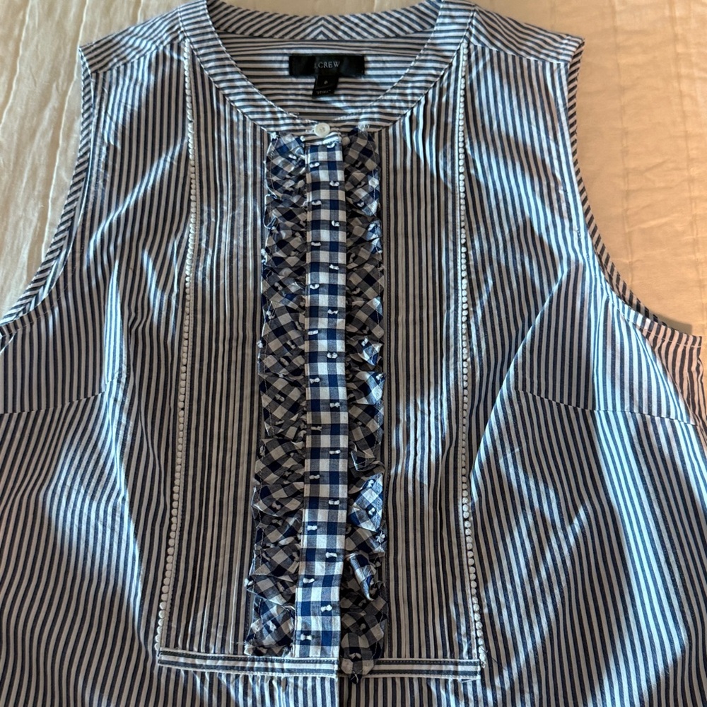 J Crew size 6 Striped Sleeveless Blouse with Embroidered Detail and trim.